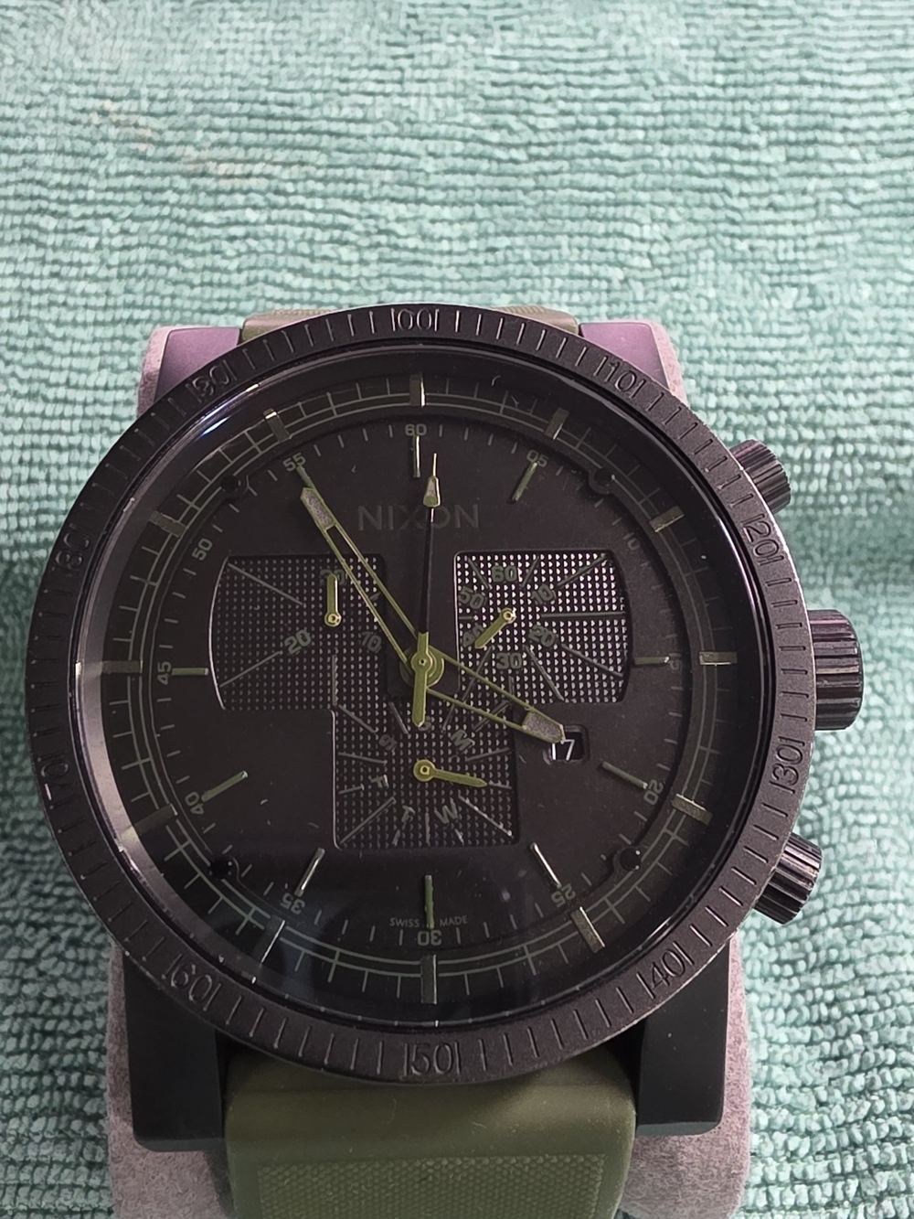 Nixon Black Dial Chronograph Watch with Olive Green Strap